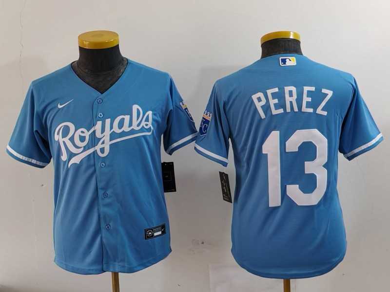 Youth Kansas City Royals #13 Salvador Perez Light Blue Cool Base Stitched Jersey->mlb youth jerseys->MLB Jersey